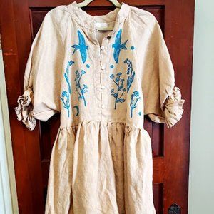 One Size Sister Nettle Hues of Blues Linen Mini Dress OOAK w/Sparrows & Flowers